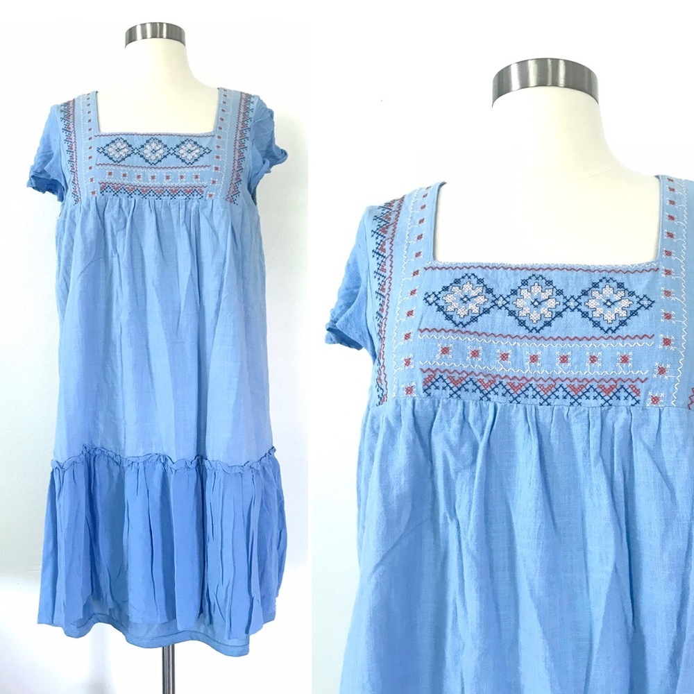 Light blue embroidered cotton rayon peasant dress